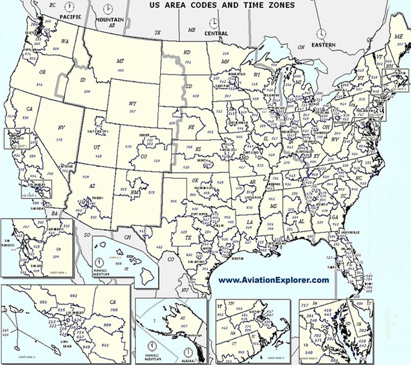 Area Codes By State Areacode Numbers And Us Time Zones Maps