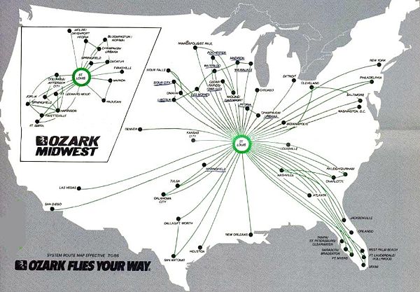 ozark airlines and midwest airlines route map