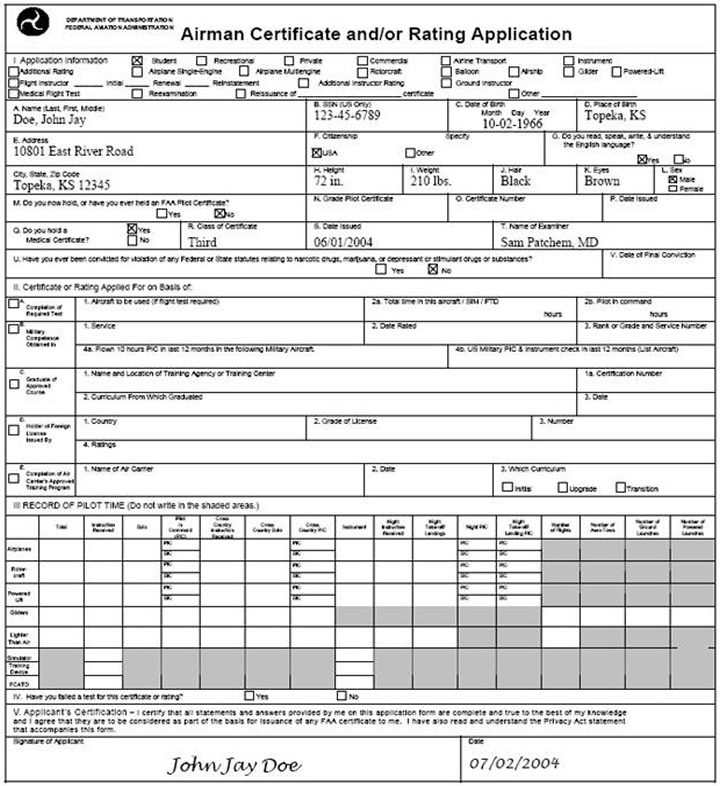 Student Pilot License Application Form