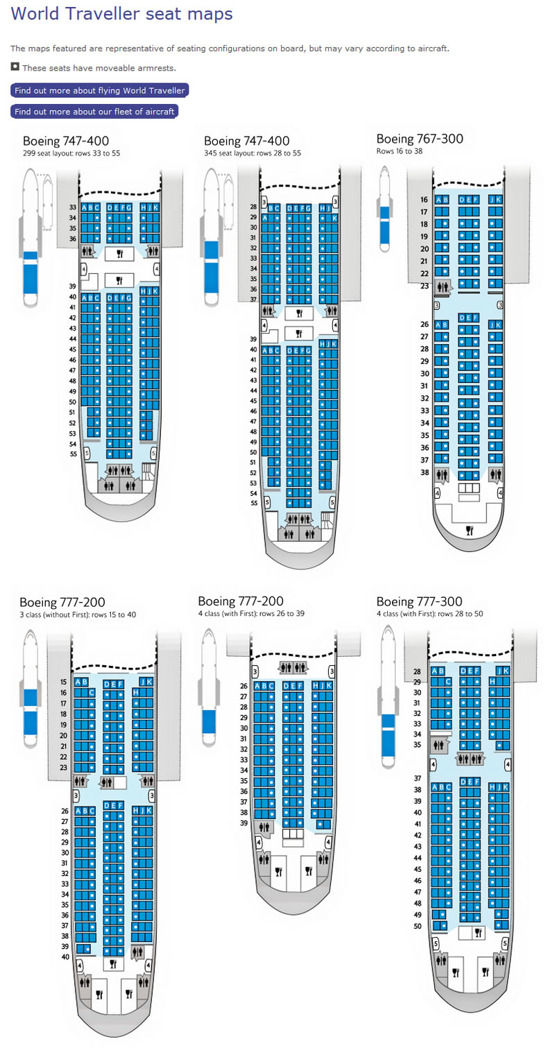 BRITISH AIRWAYS WORLD TRAVELLER SEATING CHARTS
