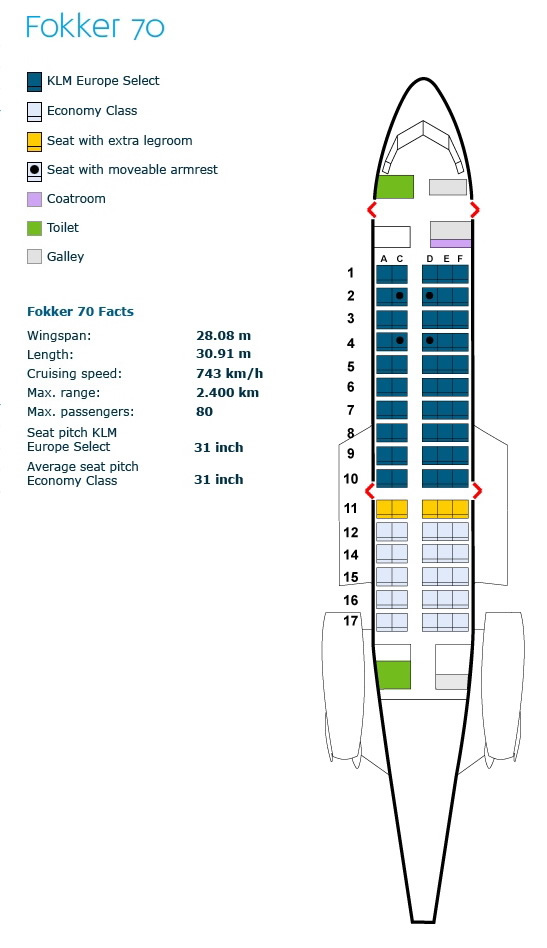 klm royal dutch airlines fokker 70 aircraft seats chart