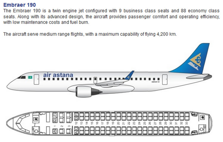 AIR ASTANA AIRLINES EMBRAER 190 AIRCRAFT SEATING CHART