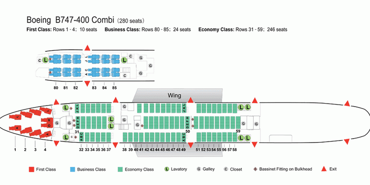 AIR CHINA AIRLINES BOEING 747-400 COMBI AIRCRAFT SEATING CHART