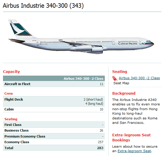 CATHAY PACIFIC AIRLINES AIRBUS A340-300 AIRCRAFT SEATING CHART
