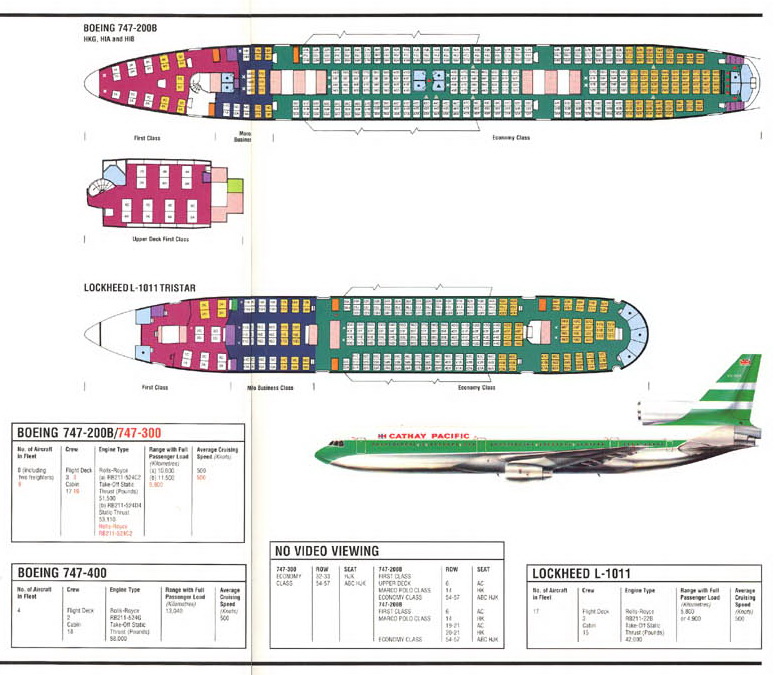 CATHAY PACIFIC AIRLINES BOEING 747 AND LOCKHEED L-1011 TRISTAR AIRCRAFT SEATING CHART