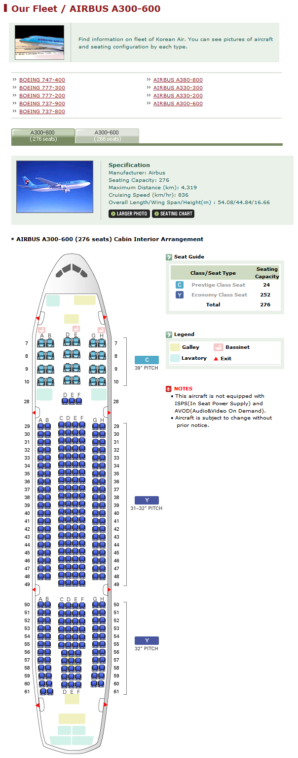 KOREAN AIR AIRLINES AIRBUS A300-600 AIRCRAFT SEATING CHART
