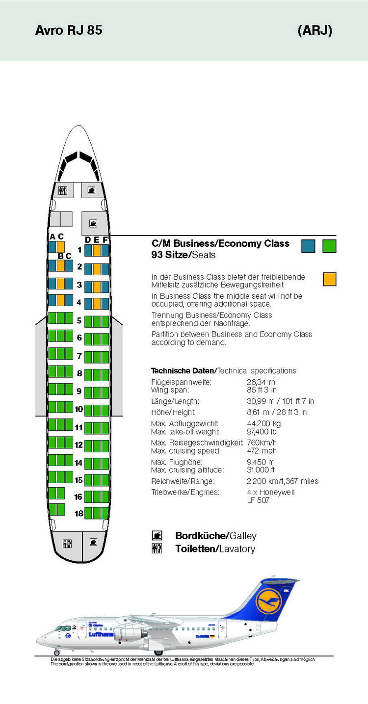 LUFTHANSA AIRLINES AVRO RJ 85 AIRCRAFT SEATING CHART