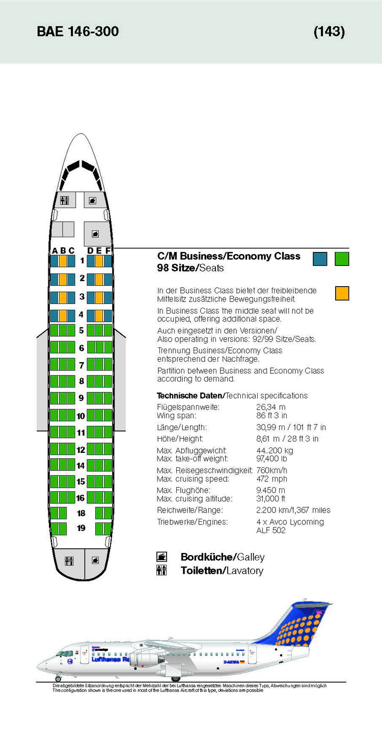 LUFTHANSA AIRLINES BAE 146-300 AIRCRAFT SEATING CHART