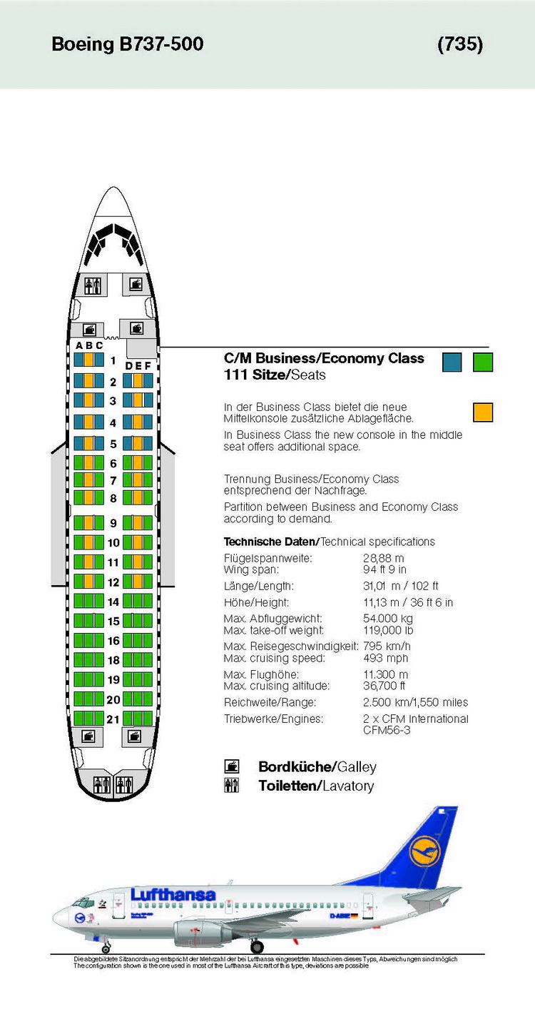 LUFTHANSA AIRLINES BOEING 737-500 AIRCRAFT SEATING CHART