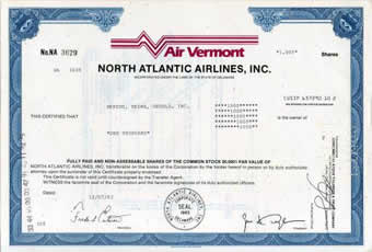 air vermont - north atlantic airlines stock certificate