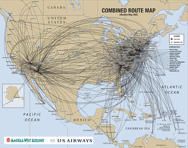 us airways and america west combined route map