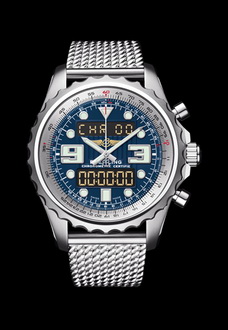 silver and blue chronograph breitling watch