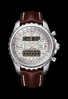 silver breitling watch with brown wrist strap