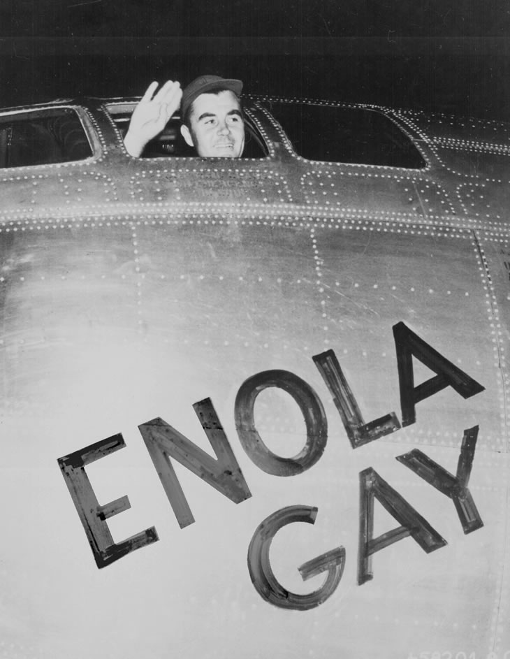 pilot of the enola gay waves after japan mission
