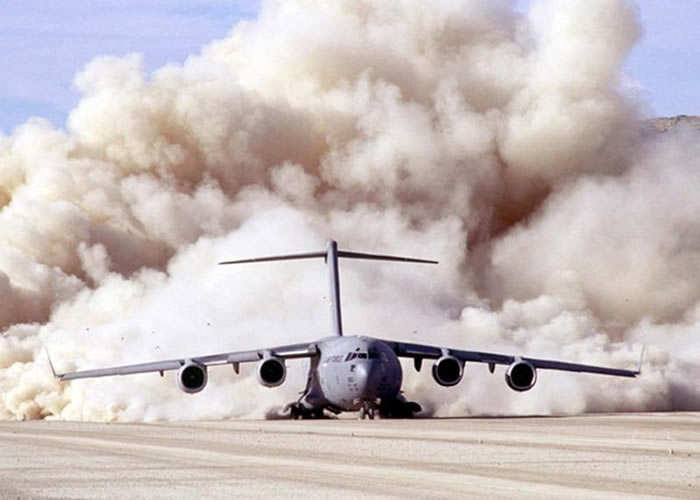 C-17 USAF Globemaster Takes Off On Dirt Runway