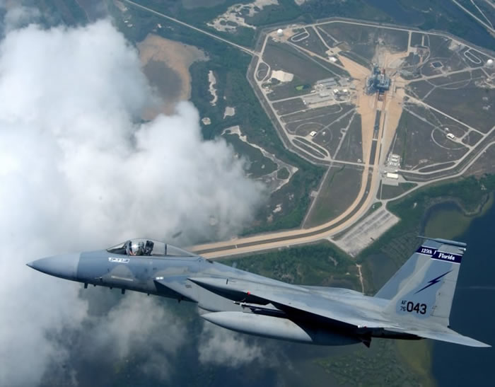 F-15 Eagle Flys Over Kennedy Space Nasa Center