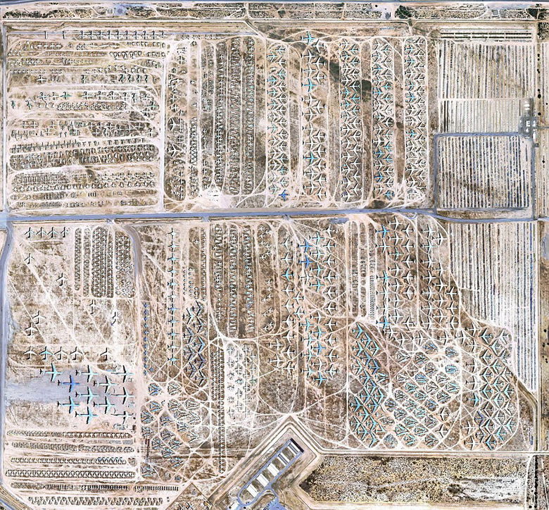 Aerial view of the Air Force Boneyard at Davis Monthan Air Force base in Arizona