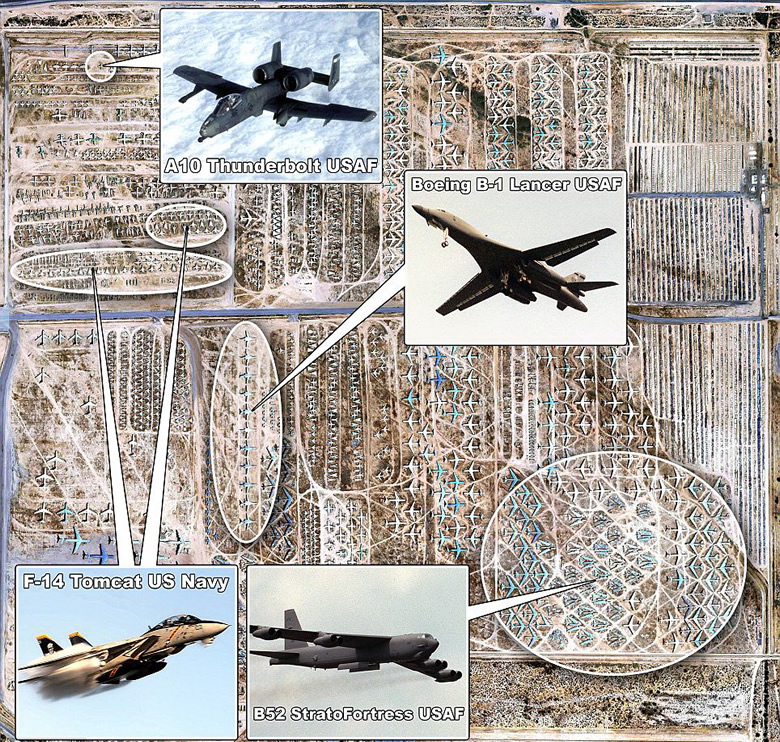 Four of the numerous types of military aircraft kept at the boneyard in Arizona