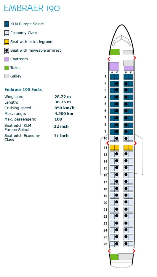 klm royal dutch airlines embraer erj-190 aircraft seating chart