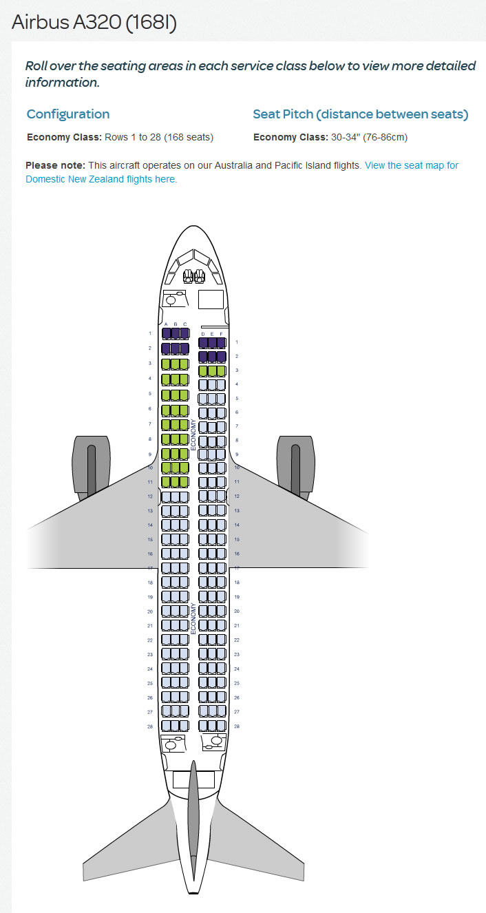 AIR NEW ZEALAND AIRLINES AIRBUS A320 AIRCRAFT SEATING CHART