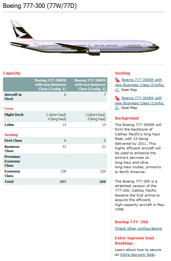 CATHAY PACIFIC AIRLINES BOEING 777-300 AIRCRAFT SEATING CHART