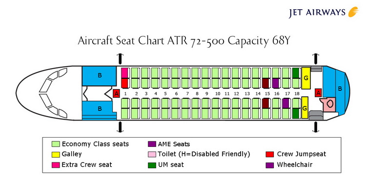 JET AIRWAYS AIRLINES ATR 72-500 AIRCRAFT SEATING CHART