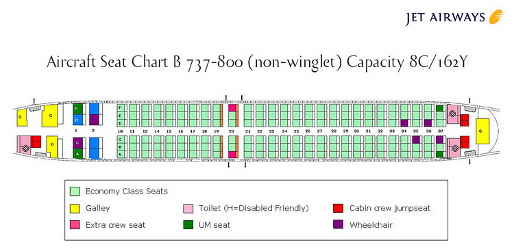 JET AIRWAYS AIRLINES BOEING 737-800 NON WINGLET AIRCRAFT SEATING CHART