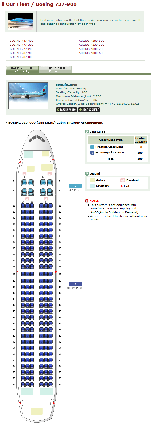 KOREAN AIR AIRLINES BOEING 737-900 AIRCRAFT SEATING CHART