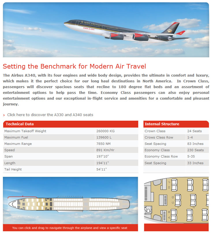 ROYAL JORDANIAN AIRLINES AIRBUS A340 AIRCRAFT SEATING CHART