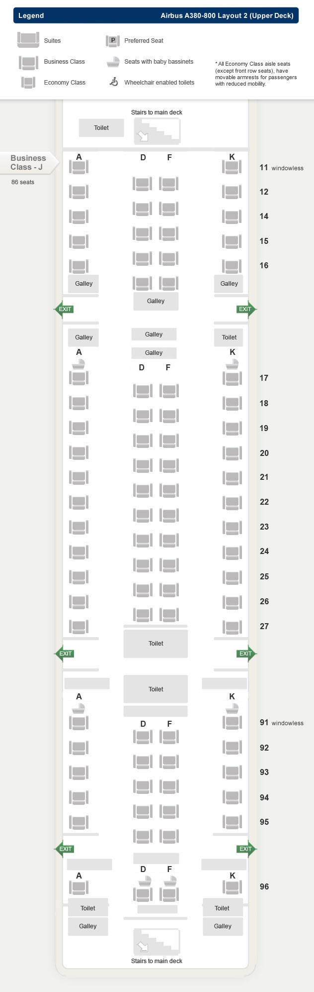 SINGAPORE AIR AIRLINES AIRBUS A380-800 LAYOUT 2 (UPPER DECK) AIRCRAFT SEATING CHART