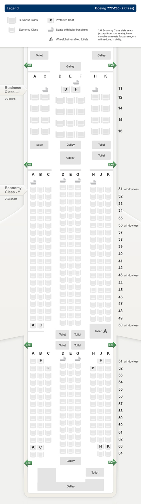 SINGAPORE AIR AIRLINES BOEING 777-200 (2 CLASS) AIRCRAFT SEATING CHART