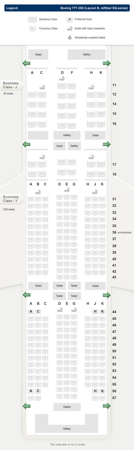 SINGAPORE AIR AIRLINES BOEING 777-200 LAYOUT B REFITTED SQ SERIES AIRCRAFT SEATING CHART