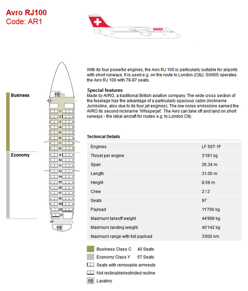 SWISS AIR AIRLINES AVRO RJ100 AIRCRAFT SEATING CHART