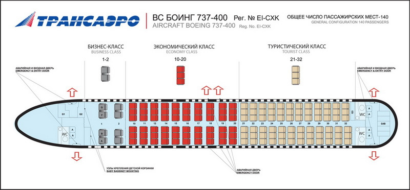 TRANSAERO (RUSSIAN) BOEING 737-400 AIRCRAFT SEATING CHART