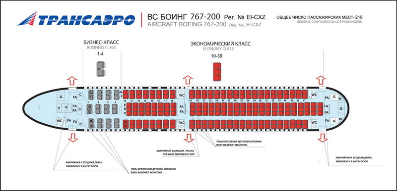 TRANSAERO (RUSSIAN) BOEING 767-200 AIRCRAFT SEATING CHART