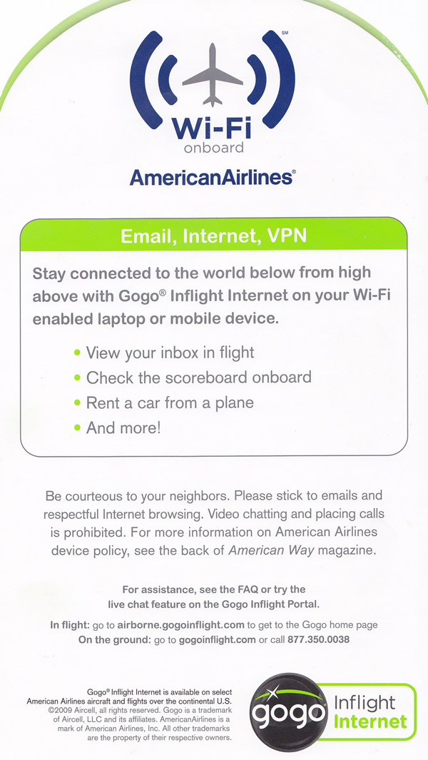 american airlines wi-fi onboard card back