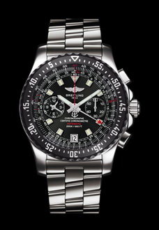 silver and black breitling watch with chronograph