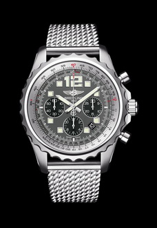 silver breitling watch with grey face with chronograph