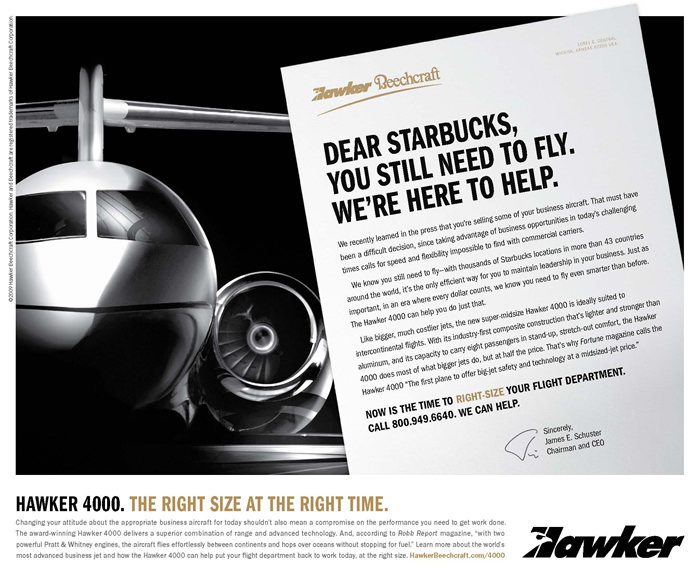 hawker 4000 jet starbucks magazine ad