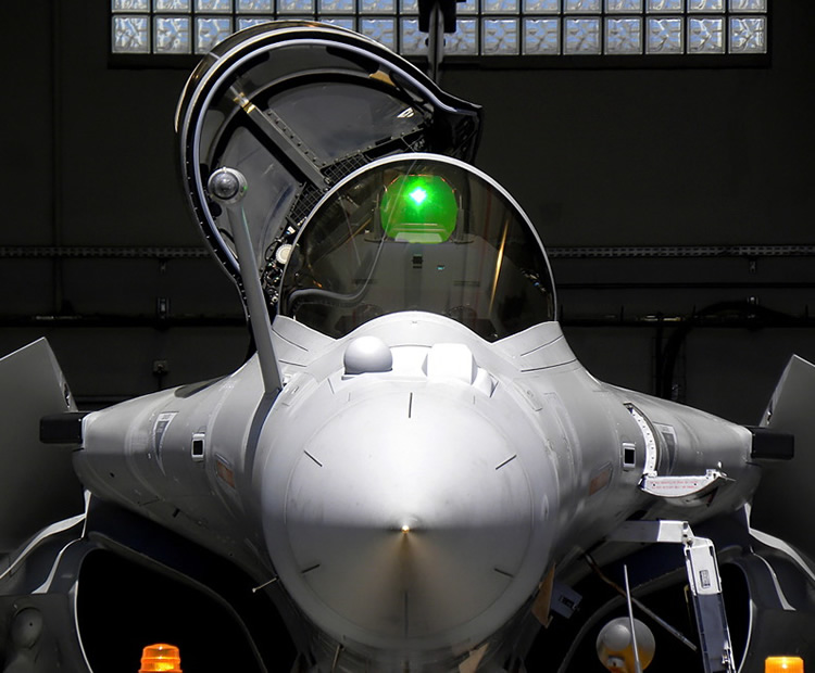 nose shot of the rafale military jet fighter by dassault aviation