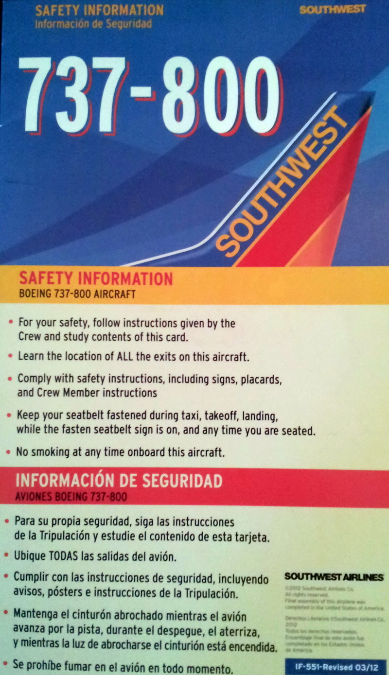 southwest airlines boeing 737-800 safety card