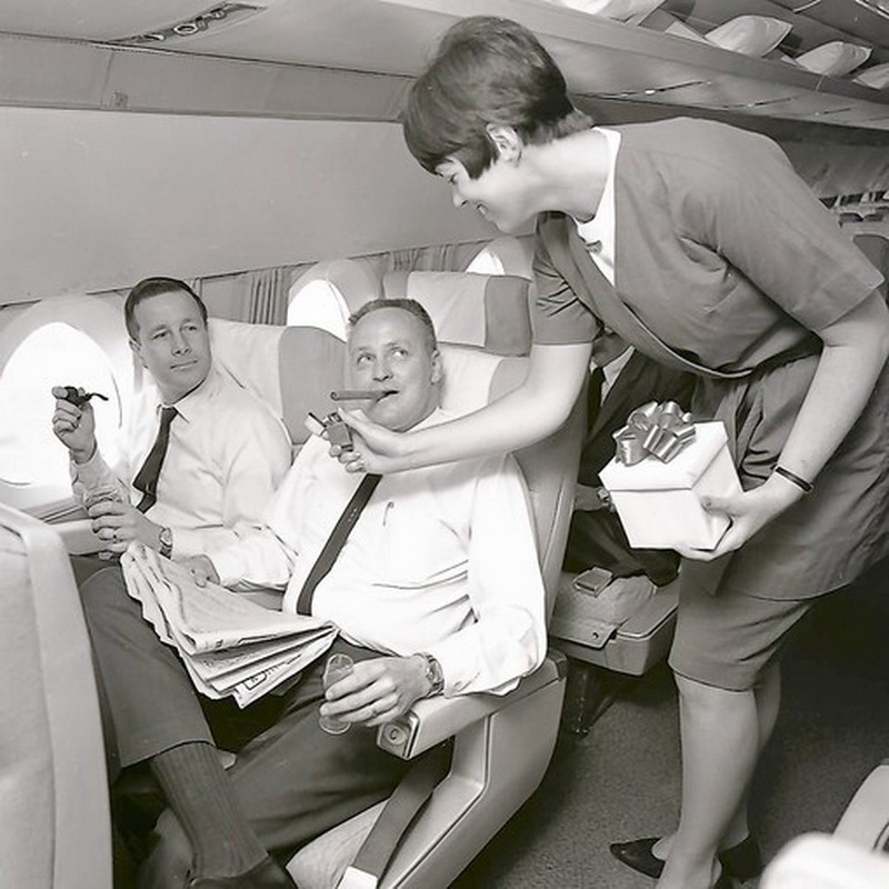 height of chauvinism male-only Executive Flights ran 1953-70 on United Air Lines Caravelles check the triangular window