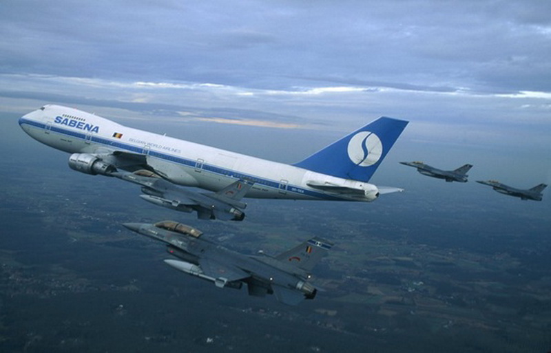 sabena 747 with f-16 aircraft